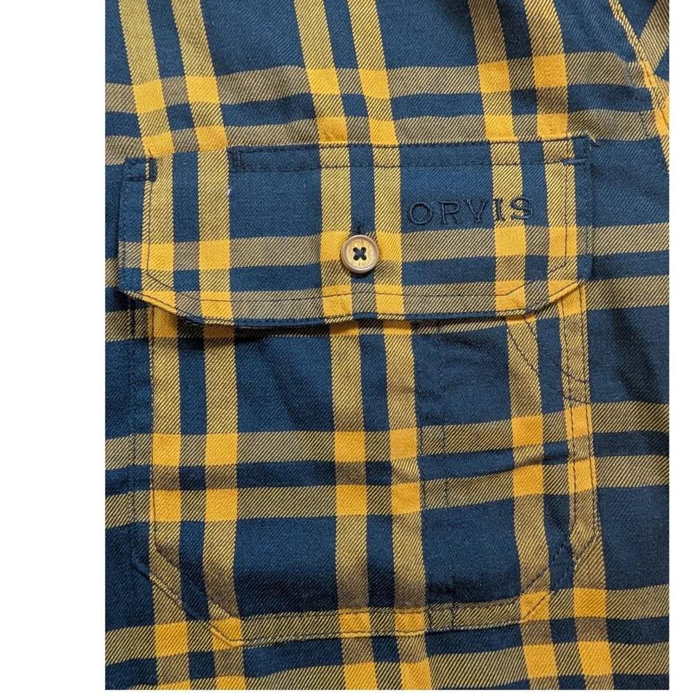 Orvis Button Down Shirt Mens Medium Navy Yellow Plaid Active Fit Wool Blend